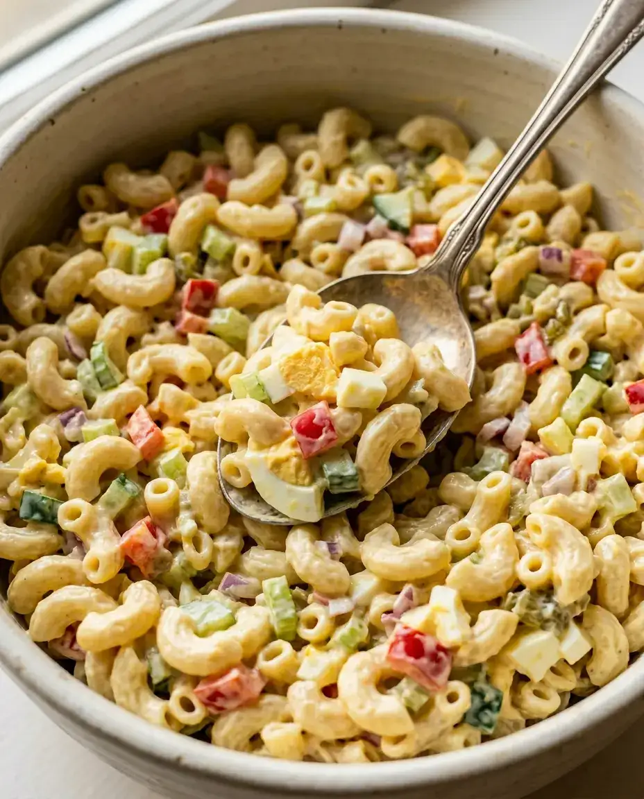 Amish Macaroni Salad: Creamy, Sweet & Picnic-Ready Silver spoon scooping chilled Amish macaroni salad showing creamy dressing with eggs and vegetables