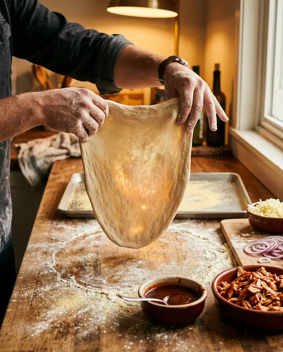 Hands stretching thin pizza dough with bowls of barbecue sauce, chicken, and cheese for BBQ chicken pizza assembly