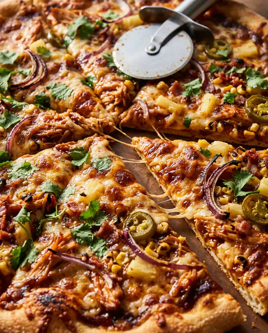 Low-angle BBQ chicken pizza with a slice pulled showing cheese stretch, crispy crust, and glazed chicken toppings