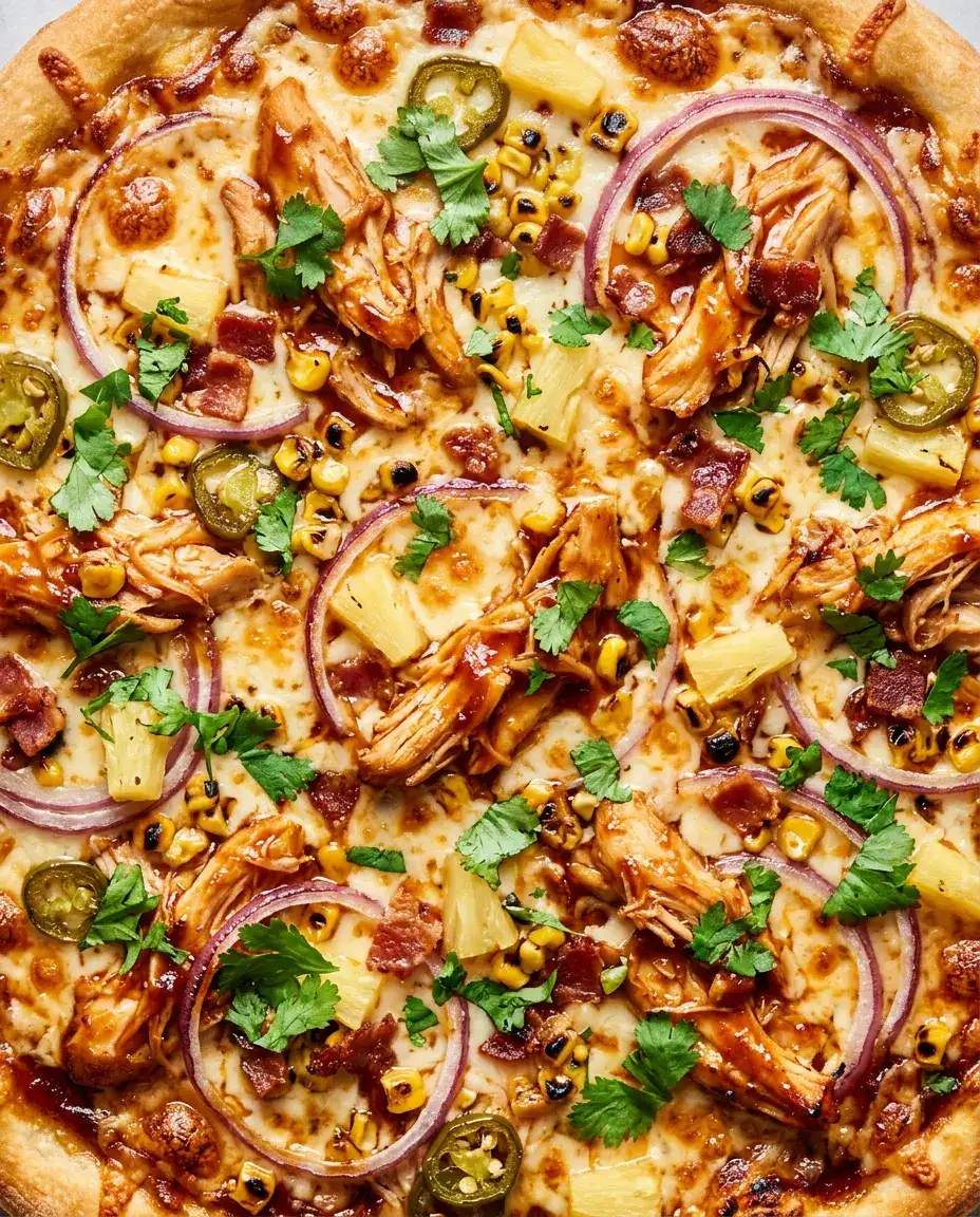 BBQ Chicken Pizza With Smoky Caramelized Onions Overhead view of a whole BBQ chicken pizza with bubbling cheese, glazed chicken, red onion, and fresh cilantro