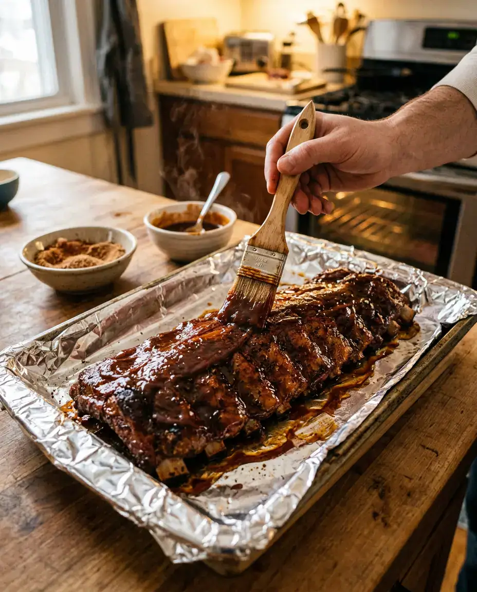 BBQ Ribs in Oven for Tender, Smoky Flavor Every Time Brushing barbecue sauce onto bbq ribs in oven in a foil-lined pan with spice rub nearby