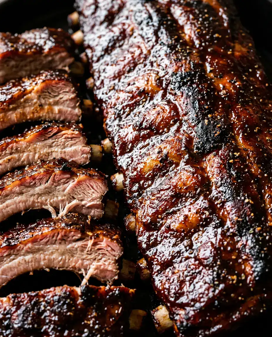 BBQ Ribs in Oven for Tender, Smoky Flavor Every Time Served bbq ribs in oven with sliced sections, juicy interior, and glossy caramelized barbecue glaze