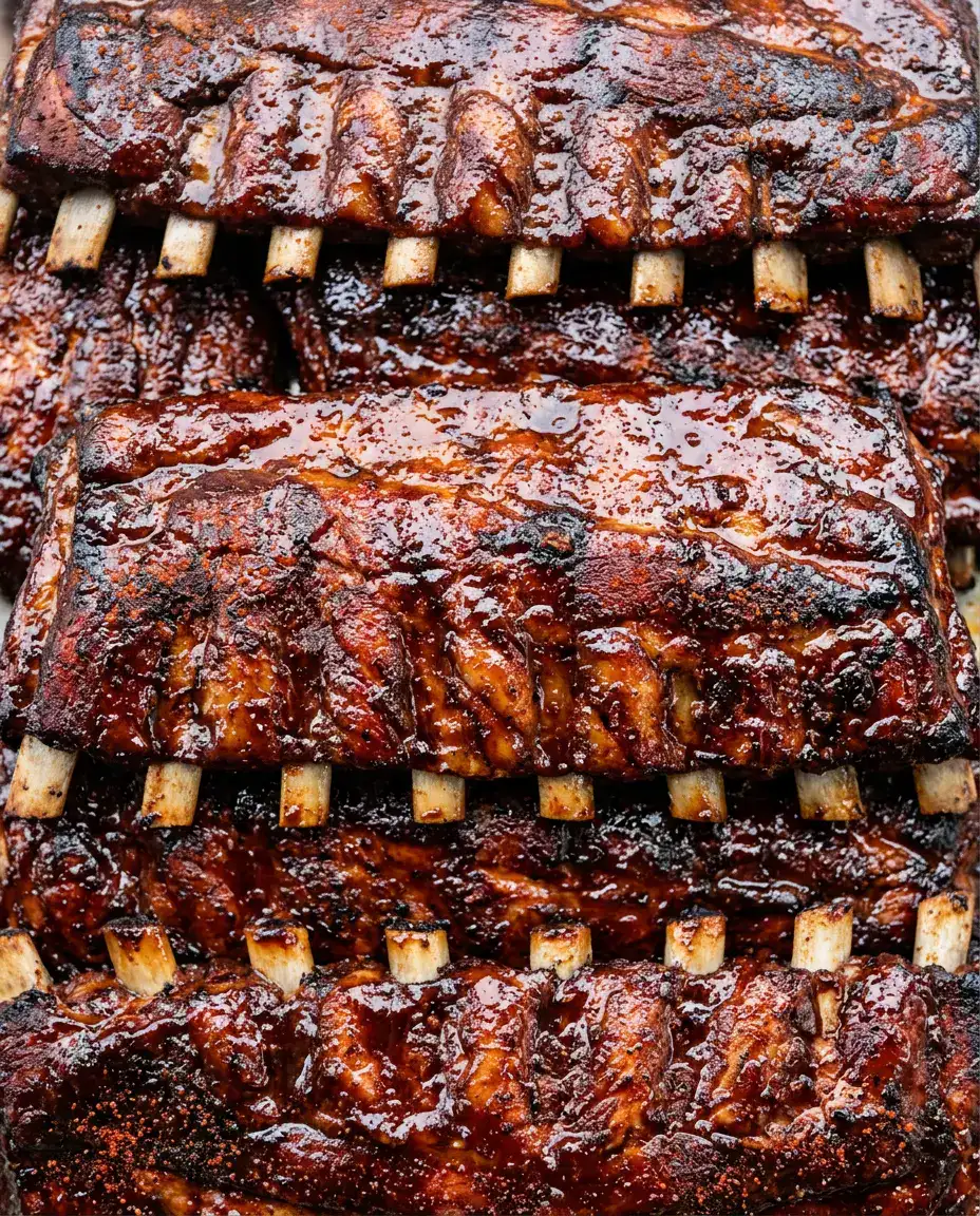 BBQ Ribs in Oven for Tender, Smoky Flavor Every Time BBQ ribs in oven with glossy barbecue glaze, caramelized surface, and tender meat pulled back from bones