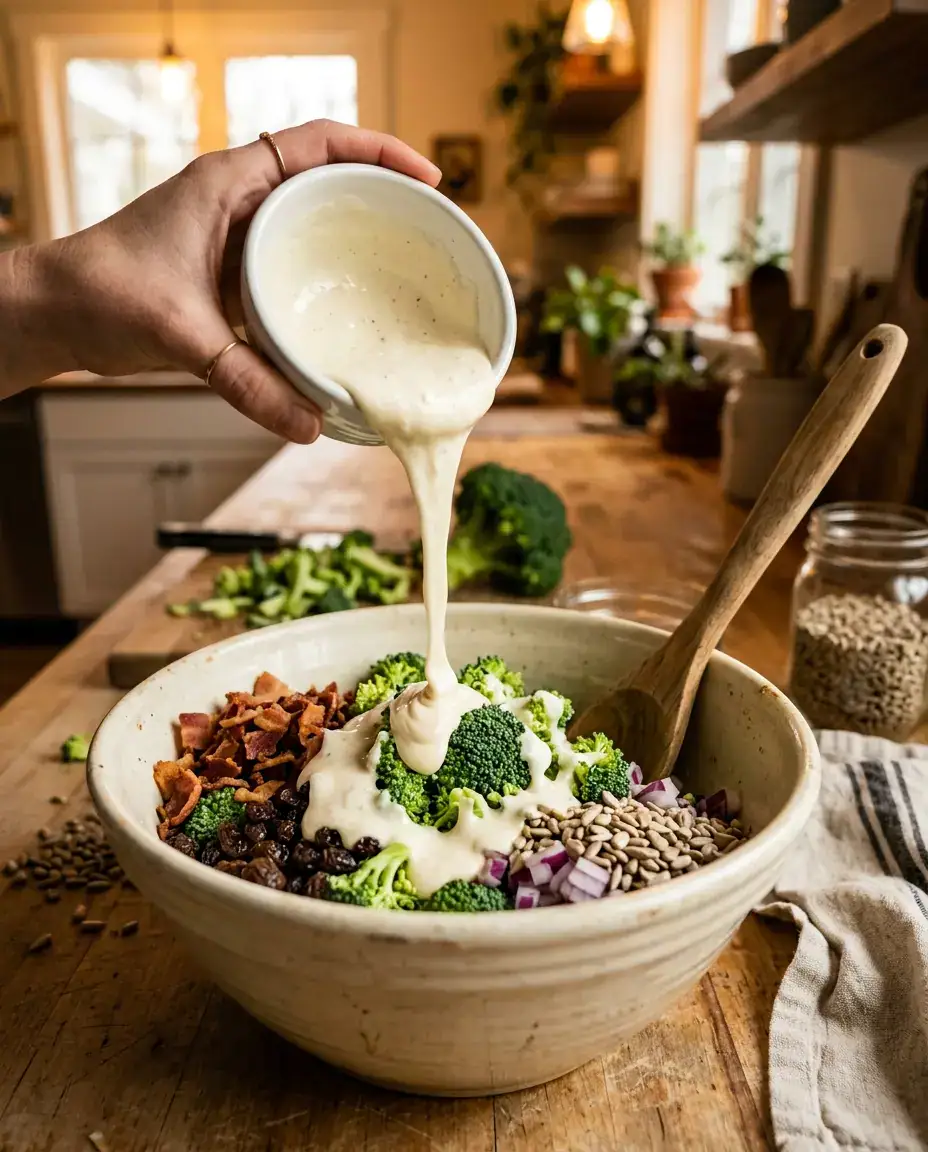 Broccoli Bacon Salad: Creamy, Crunchy & Ready Fast Creamy dressing being poured over broccoli bacon salad ingredients in a large mixing bowl