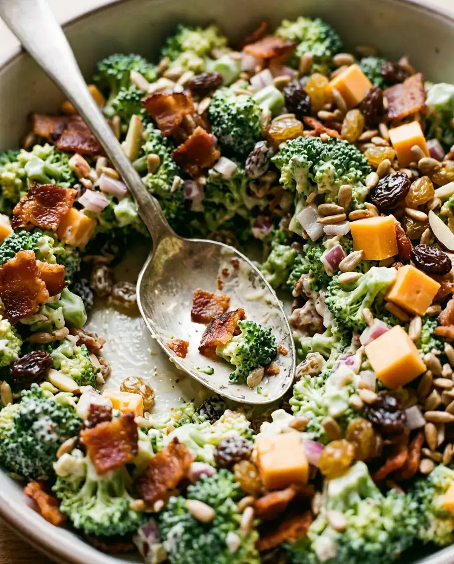 Broccoli Bacon Salad: Creamy, Crunchy & Ready Fast Low-angle view of broccoli bacon salad with a spoon revealing creamy dressing-coated florets and bacon