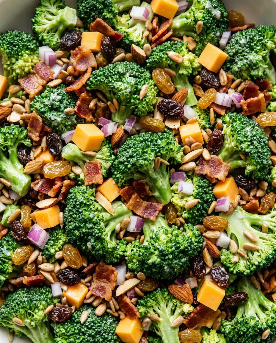 Overhead close-up of broccoli bacon salad with bacon crumbles, raisins, cheddar, and sunflower seeds