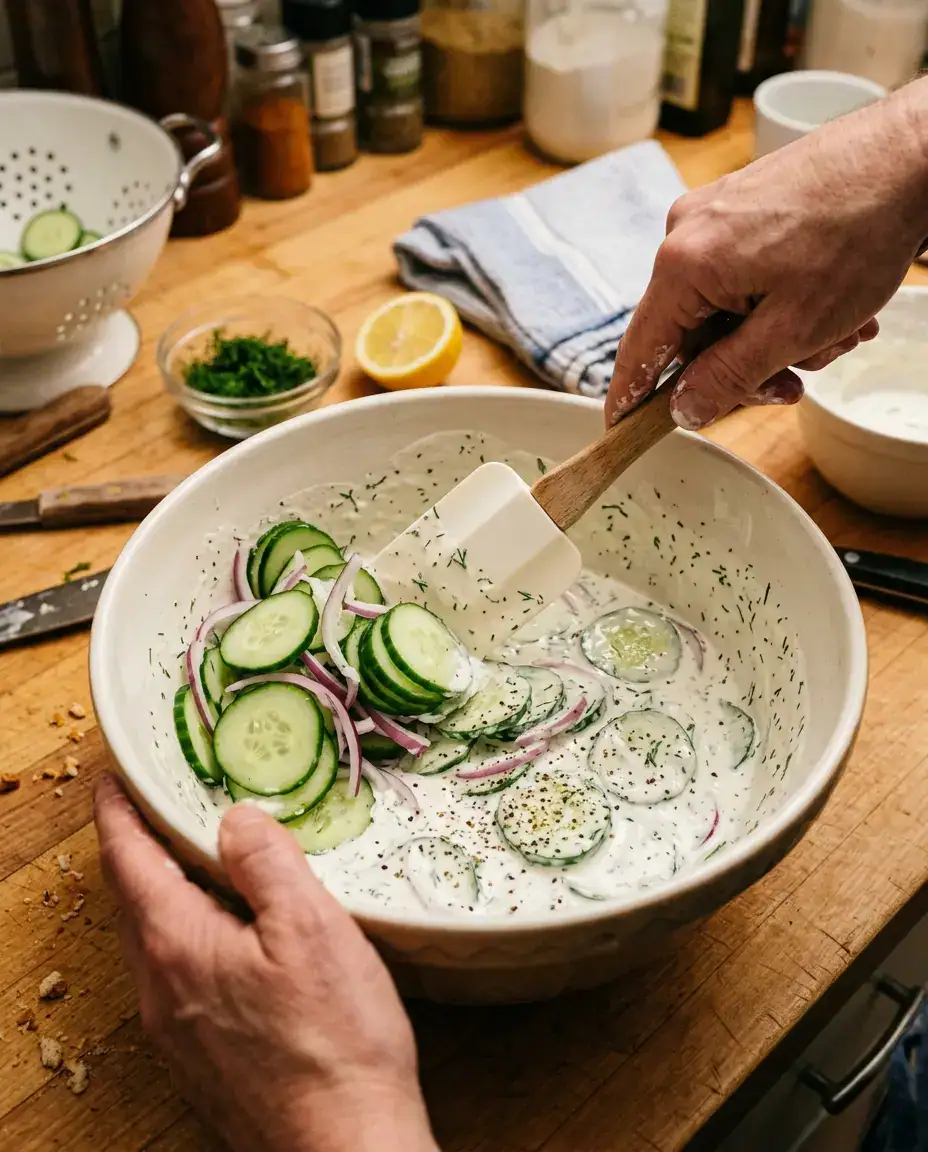 Hands folding sliced cucumbers and red onion into sour cream dressing to make creamy cucumber salad
