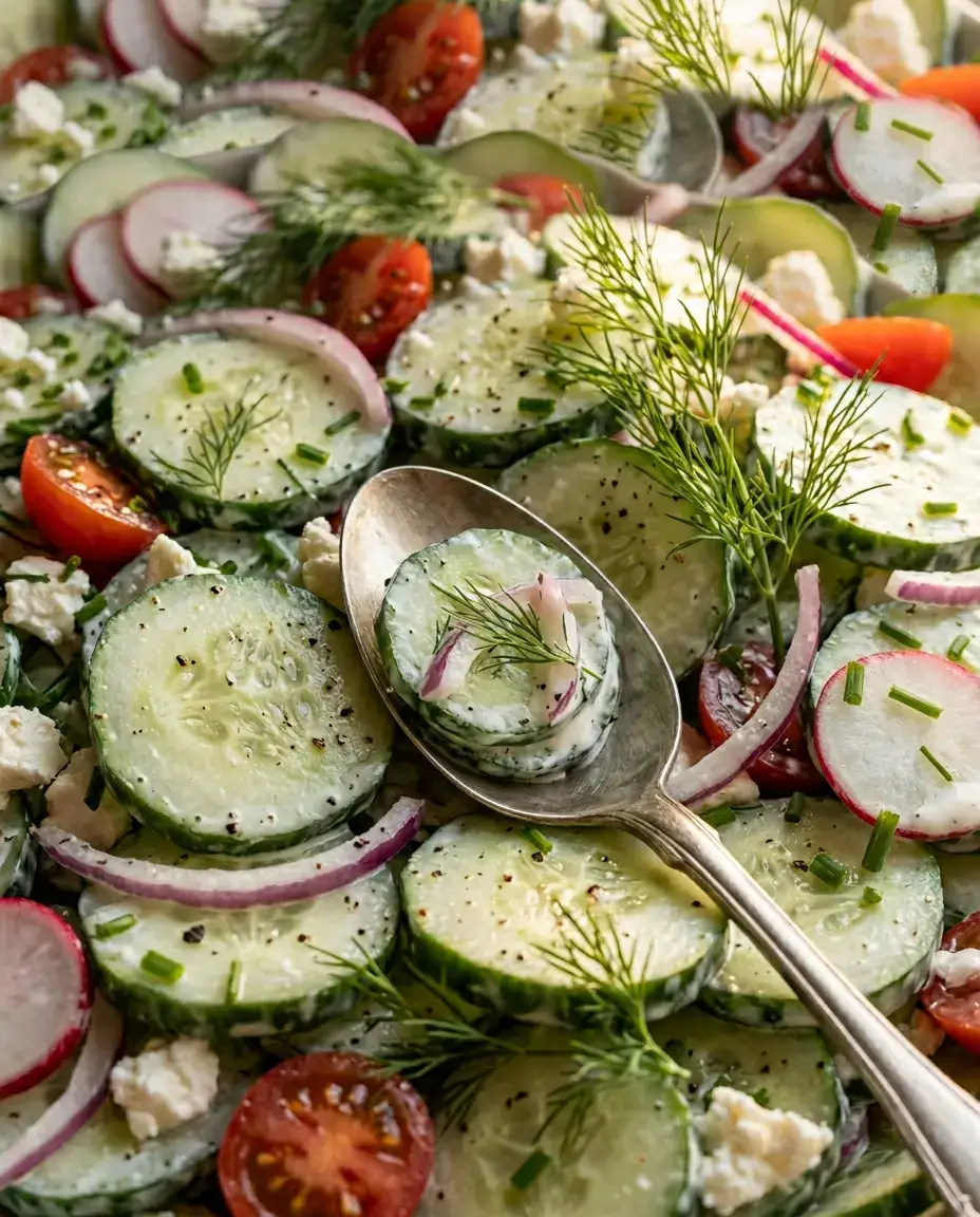 Low-angle close-up of creamy cucumber salad with a silver spoon, showing dressed cucumber rounds, dill, and red onion