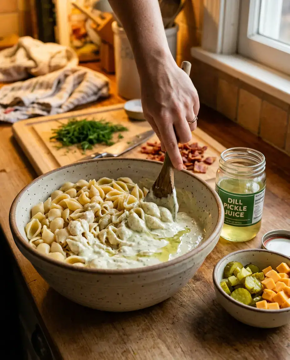 Wooden spoon folding creamy dressing into pasta shells while making dill pickle pasta salad in a mixing bowl