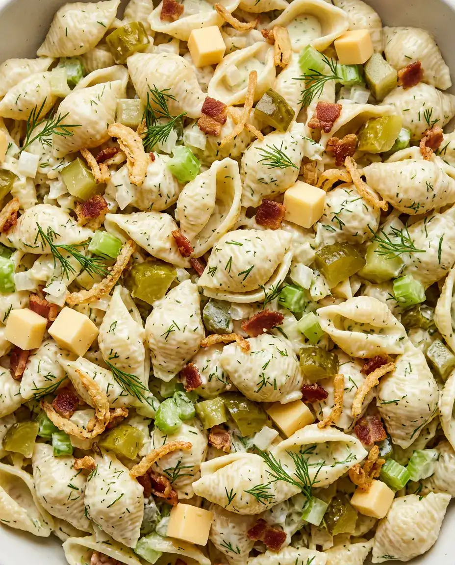 Overhead close-up of creamy dill pickle pasta salad with chopped pickles, cheddar cheese, bacon, and fresh dill