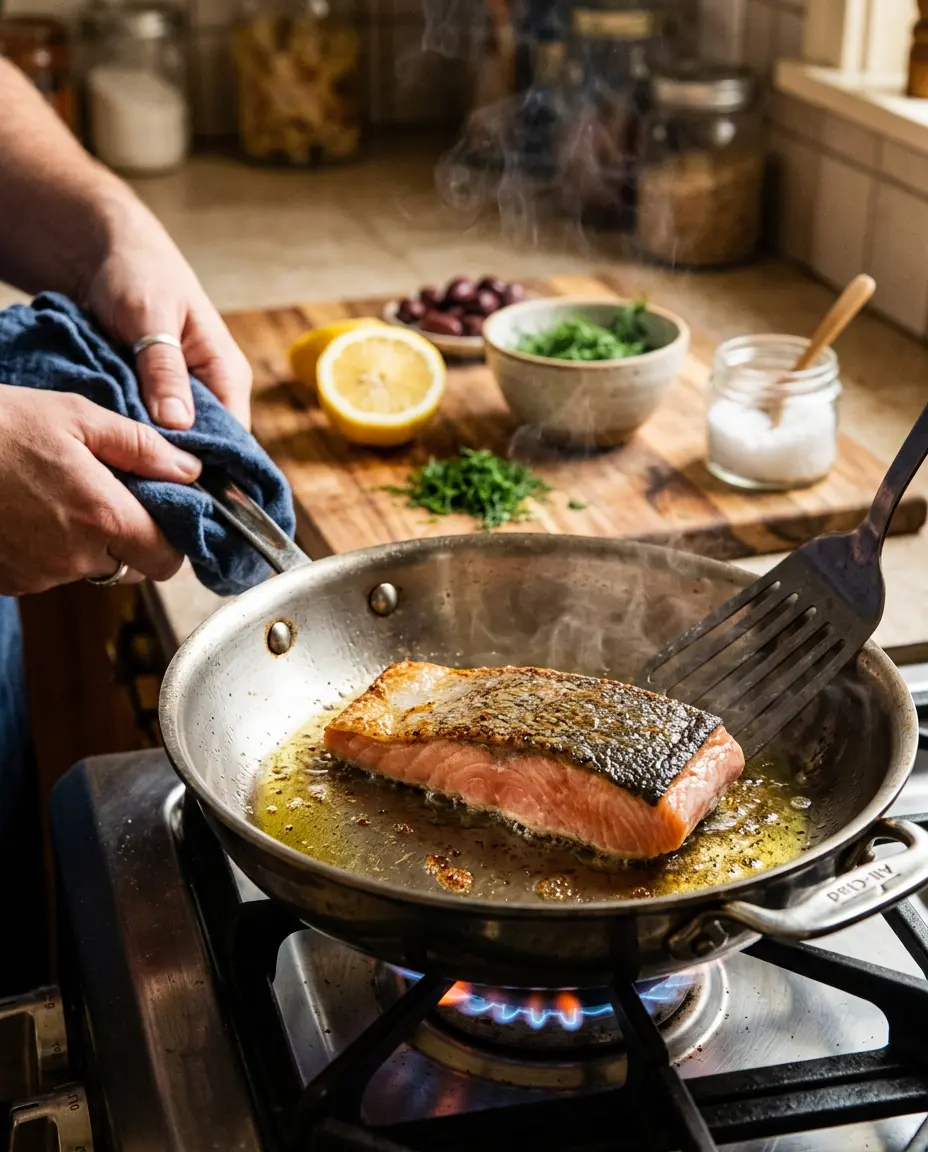 Salmon fillet searing skin-side down in a skillet with lemon, dill, and olives for easy Mediterranean dinner recipes