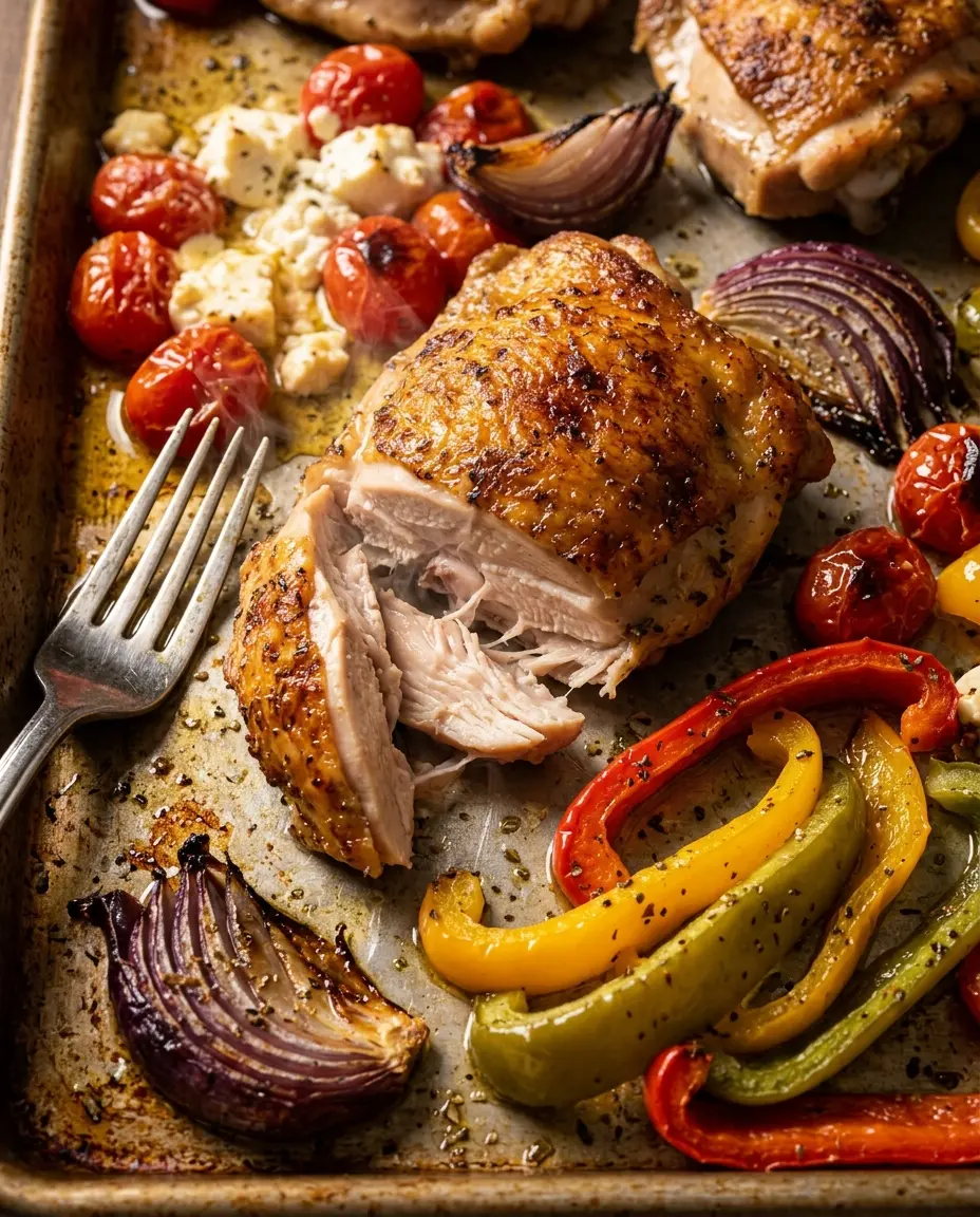 Close-up of juicy Greek chicken pulled apart with melty feta and roasted veggies, easy Mediterranean dinner recipes