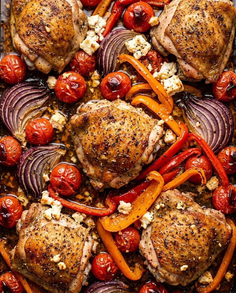 Easy Mediterranean Dinner Recipes for Busy Weeknights Overhead sheet pan Greek chicken with roasted tomatoes, feta, and peppers — easy Mediterranean dinner recipes