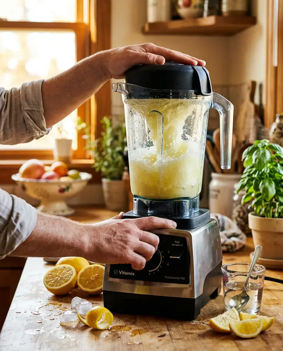Frozen Lemonade: Copycat Chick-fil-A Slushie (Easy) Blender mid-blend swirling crushed ice and lemon juice into frozen lemonade with lemons on the counter