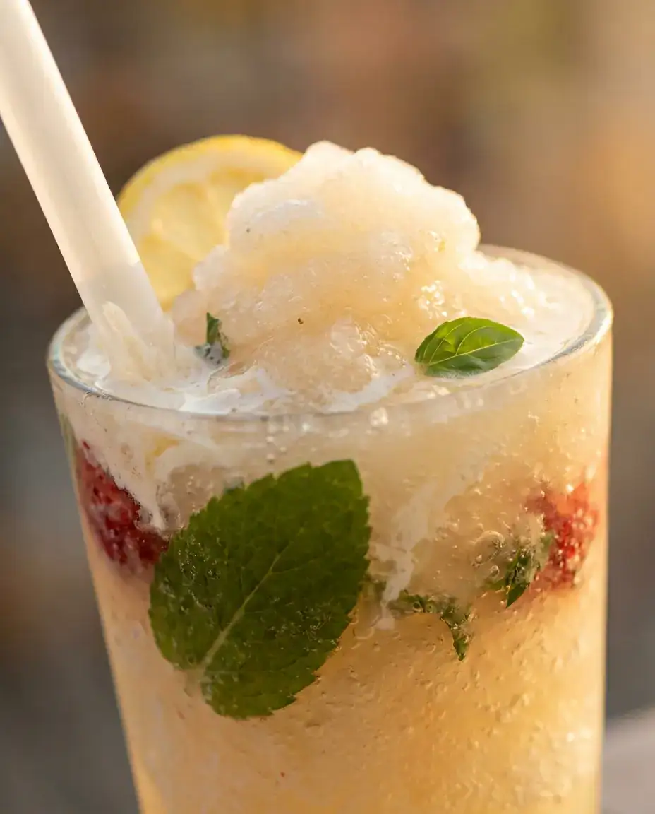 Frozen Lemonade: Copycat Chick-fil-A Slushie (Easy) Close-up angled view of frozen lemonade showing slushy ice crystals, mint leaf, and a wide straw