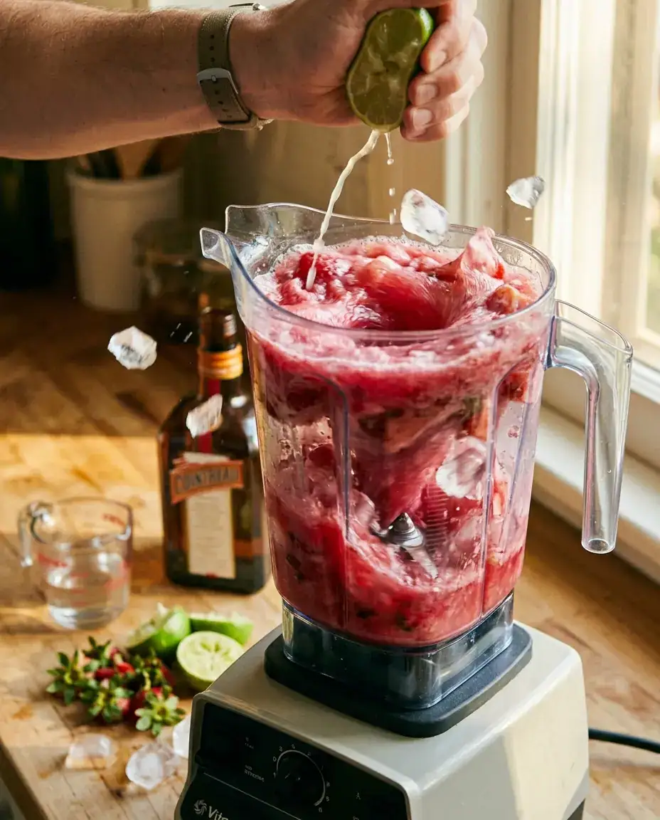 Blender mid-blend with strawberries, ice, and lime juice making a frozen strawberry margarita