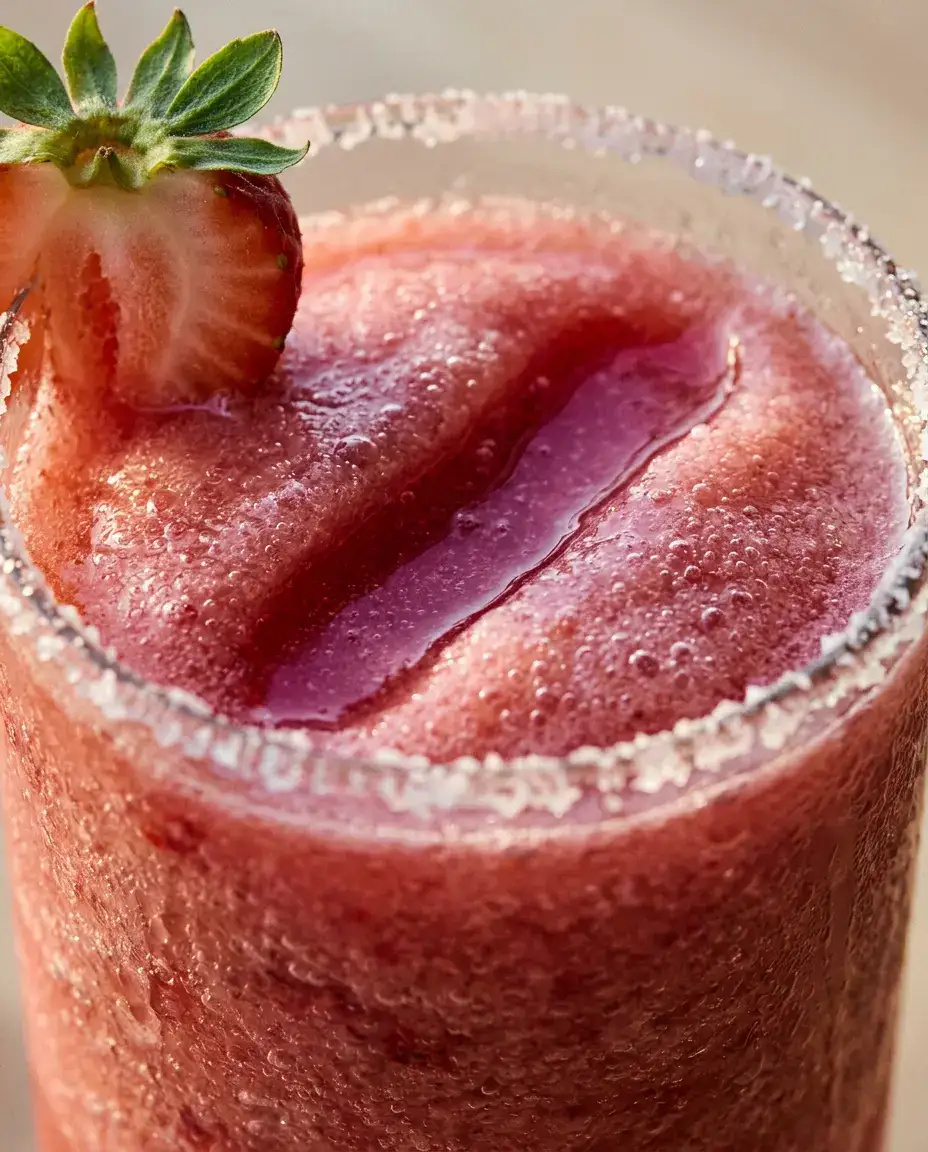 Close-up angled view of a frozen strawberry margarita with slushy texture and strawberry garnish