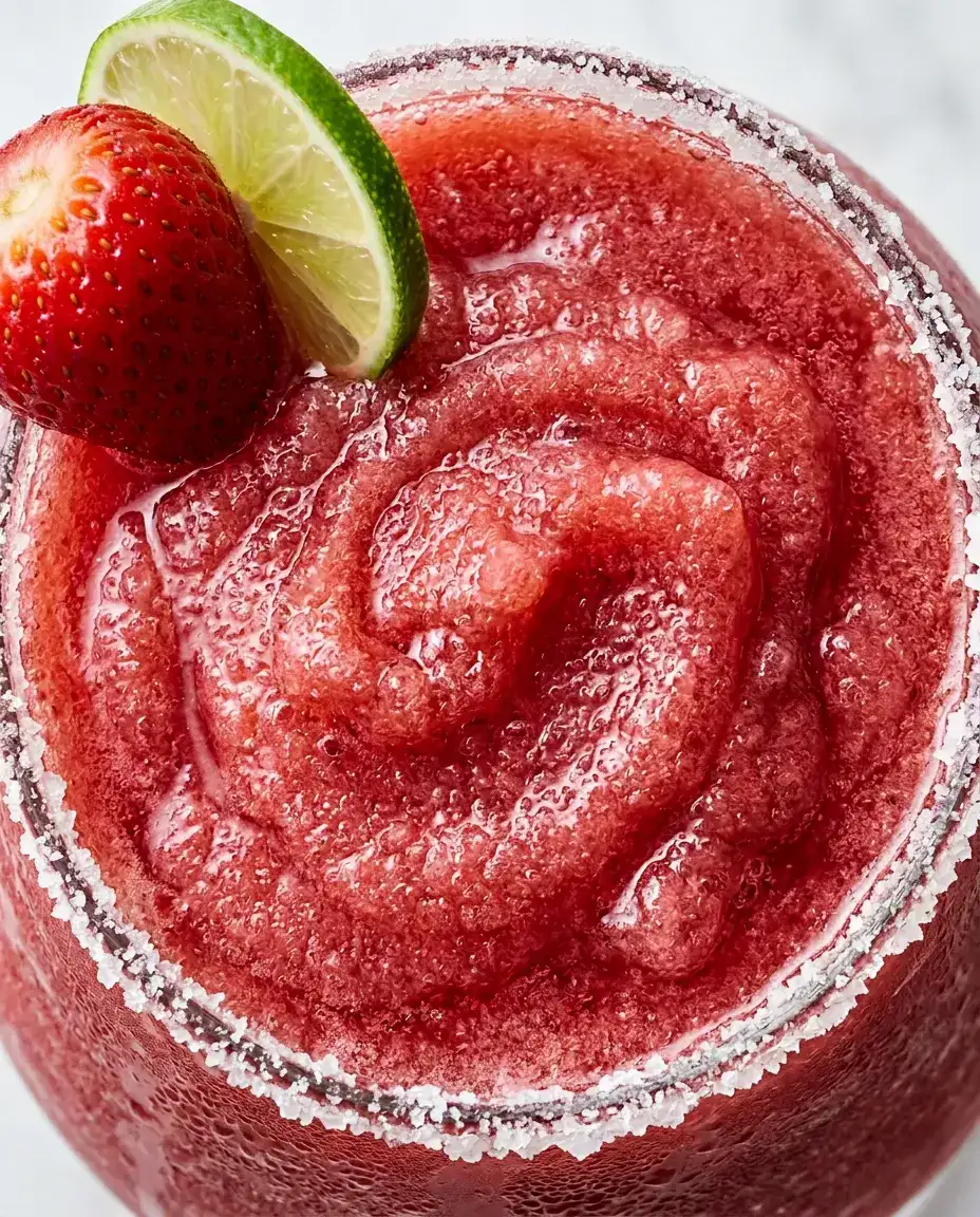 Overhead close-up of a frozen strawberry margarita with icy pink-red slushy texture and salt rim