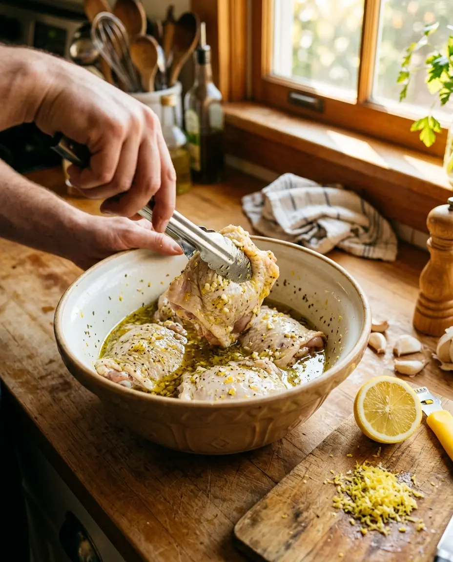 Greek Lemon Chicken: Juicy, Golden Thighs (Easy) Hands using tongs to coat chicken thighs in greek lemon chicken marinade with olive oil, garlic, and herbs