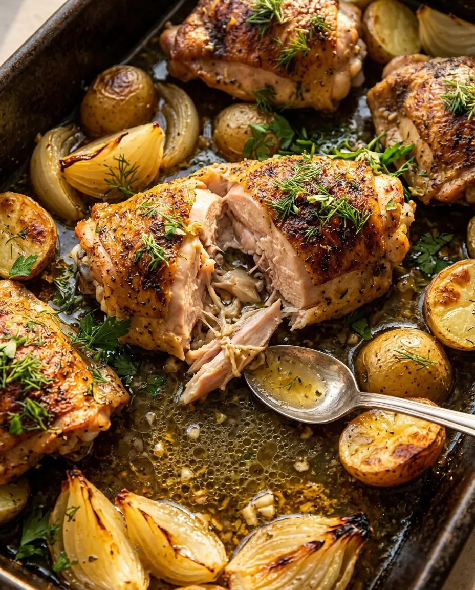 Greek Lemon Chicken: Juicy, Golden Thighs (Easy) Close-up of greek lemon chicken thigh pulled apart showing juicy meat, with roasted potatoes and fresh dill