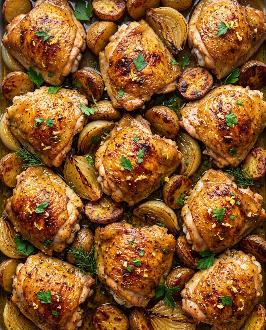 Greek Lemon Chicken: Juicy, Golden Thighs (Easy) Overhead view of crispy greek lemon chicken thighs with roasted potatoes, onion wedges, and fresh parsley