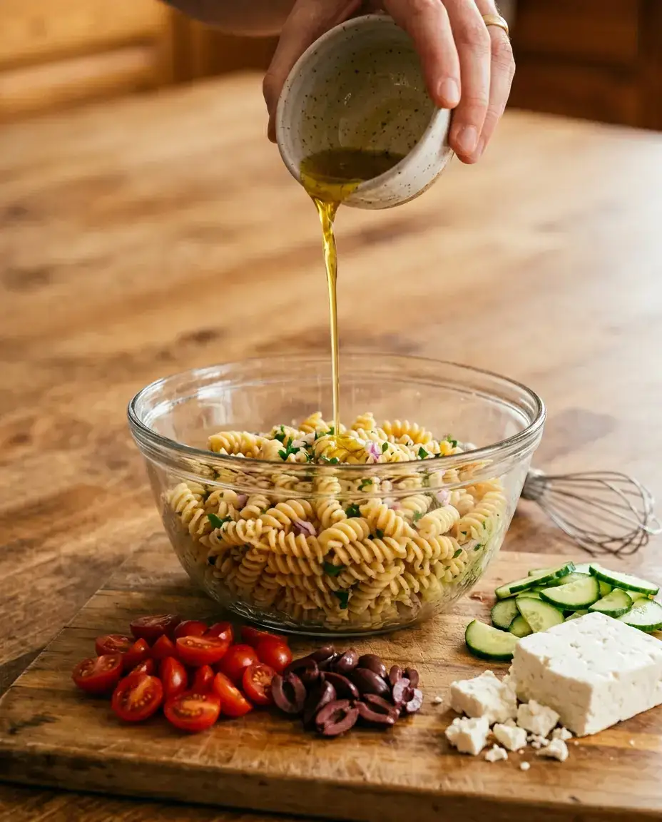 Vinaigrette being poured over rotini pasta in a bowl with fresh Greek pasta salad ingredients on a cutting board