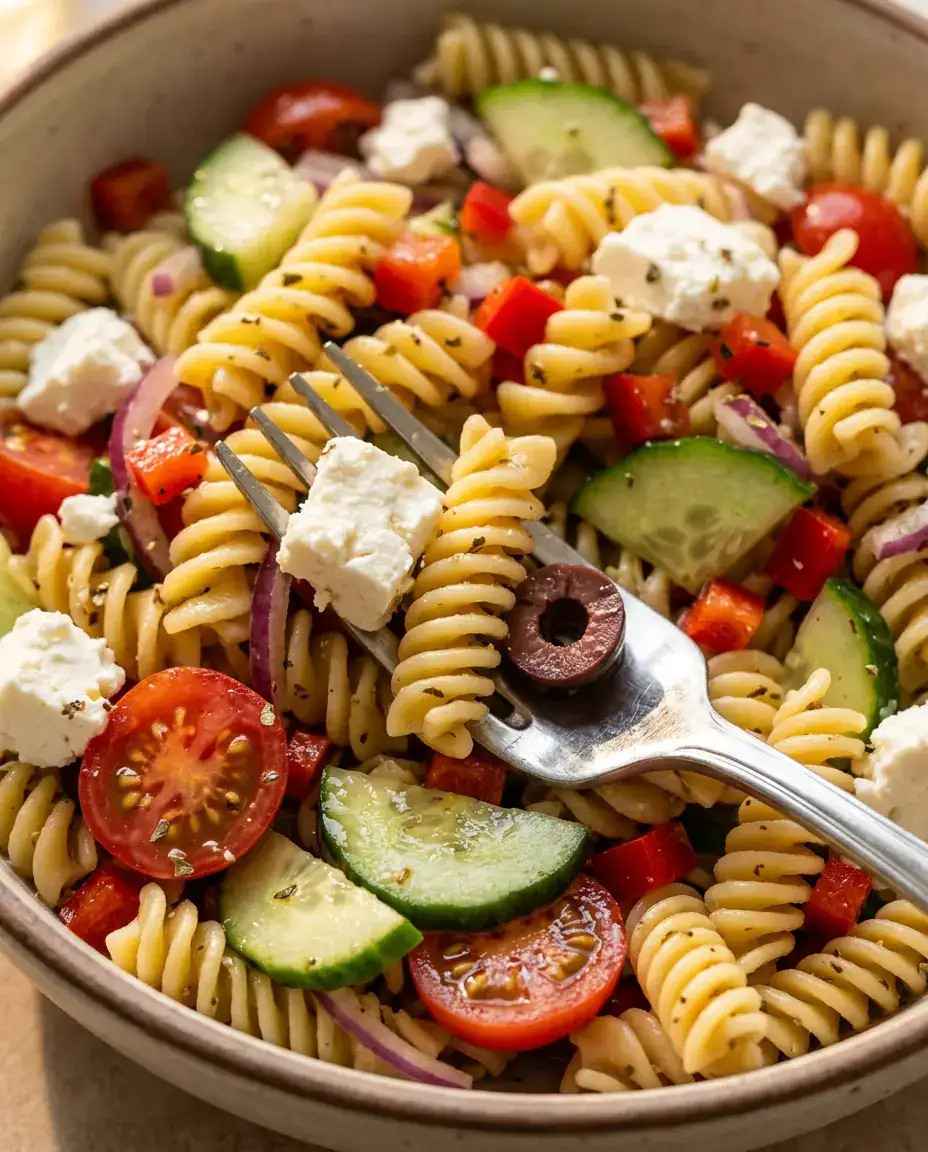 Close-up of Greek pasta salad with a fork holding rotini, feta, and olive, ready to eat