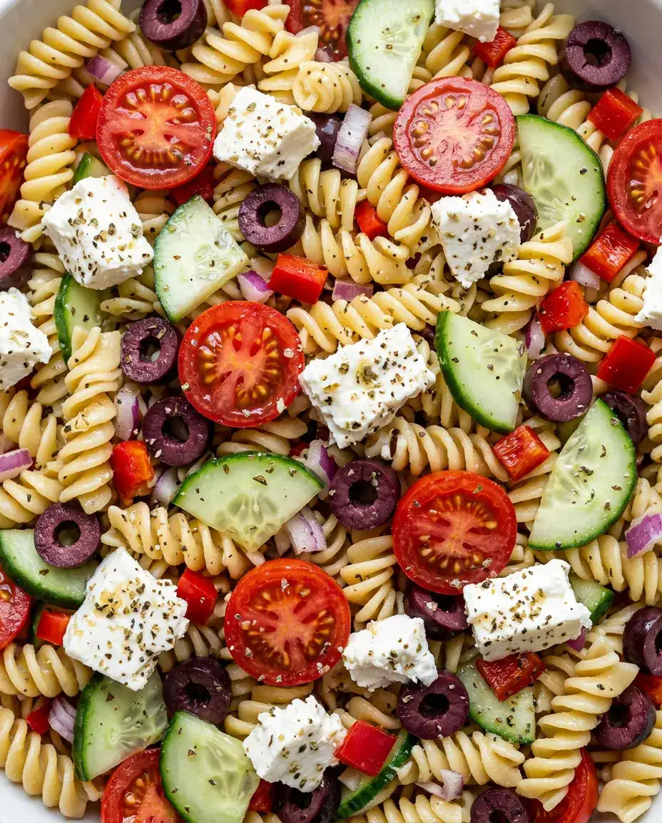 Overhead close-up of Greek pasta salad with rotini, feta, cherry tomatoes, olives, and cucumbers in vinaigrette