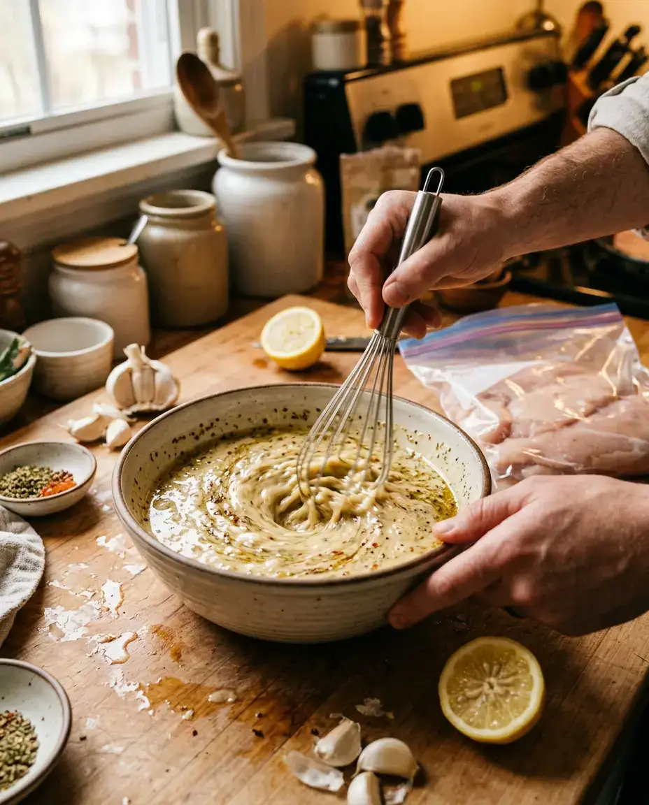 Bowl of grilled chicken marinade being whisked with visible garlic, oregano, and paprika beside raw chicken breasts