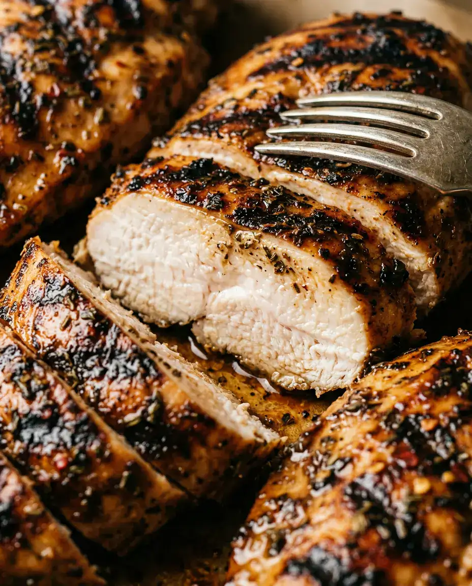 Sliced grilled chicken showing juicy interior and herb-infused grilled chicken marinade ring beneath the seared crust
