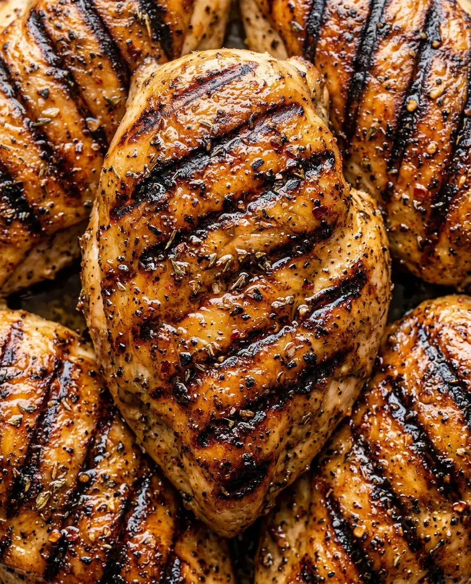 Grilled Chicken Marinade That Keeps It Juicy (Easy) Close-up of juicy grilled chicken breasts with crosshatch grill marks made with a flavorful grilled chicken marinade