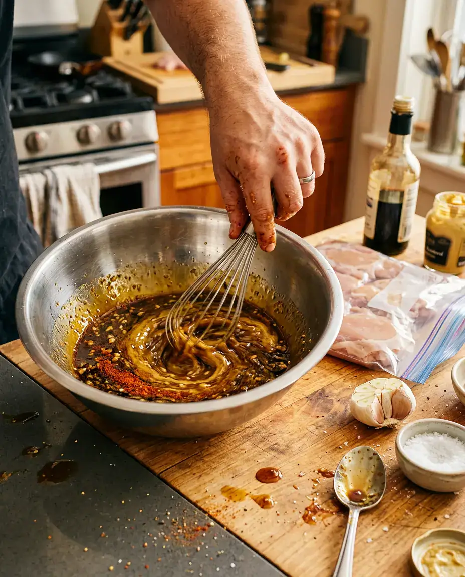 Hands whisking a soy-balsamic marinade in a steel bowl with raw grilled chicken thighs ready nearby.