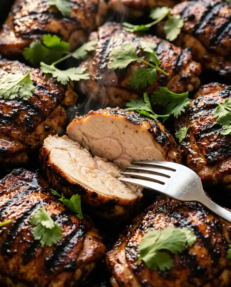 Sliced grilled chicken thighs showing juicy interior with steam, glaze, and fresh cilantro scattered on top.