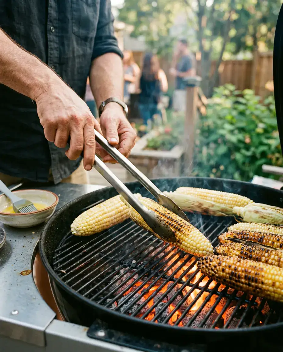 Grilled Corn on the Cob With Smoky Elote Butter Hands using tongs to turn grilled corn on the cob on hot grill grates with glowing coals beneath