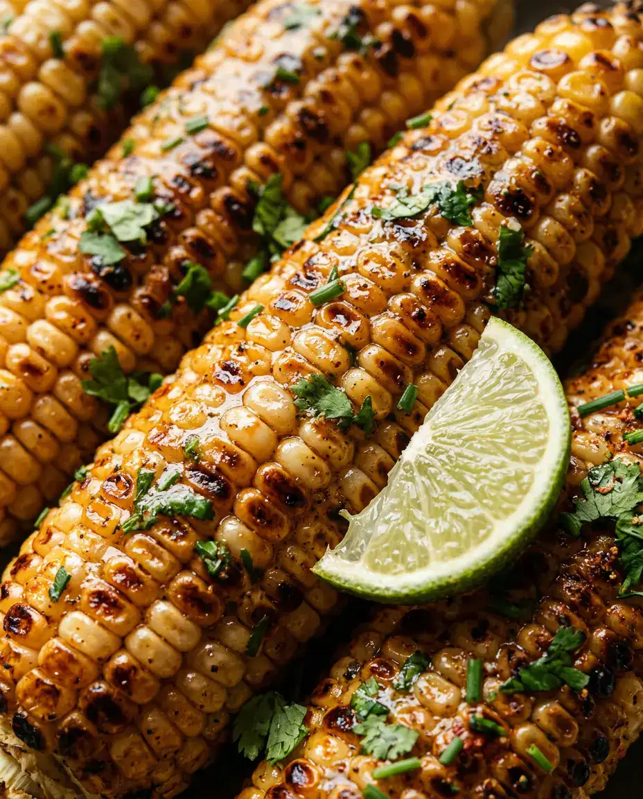 Grilled Corn on the Cob With Smoky Elote Butter Close-up of grilled corn on the cob with melted garlic-chive butter, lime wedge, and cilantro