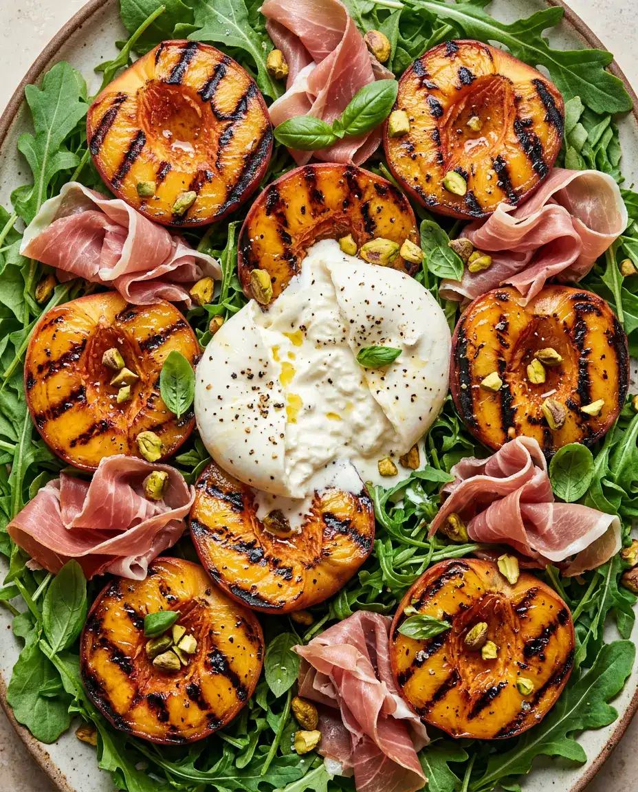 Grilled Peach Salad With Burrata and Prosciutto Overhead view of grilled peach salad with burrata, prosciutto, pistachios, arugula, and honey balsamic vinaigrette