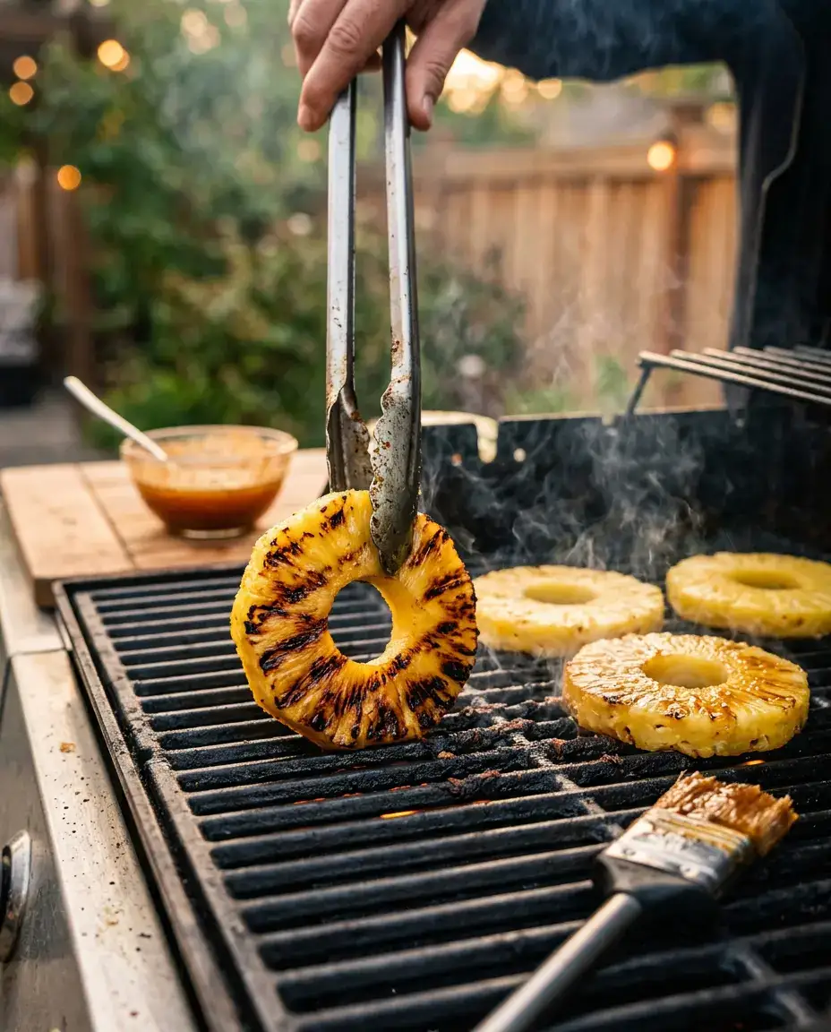 Tongs flipping a grilled pineapple ring on a hot grill grate with smoke and honey-cinnamon glaze brush nearby