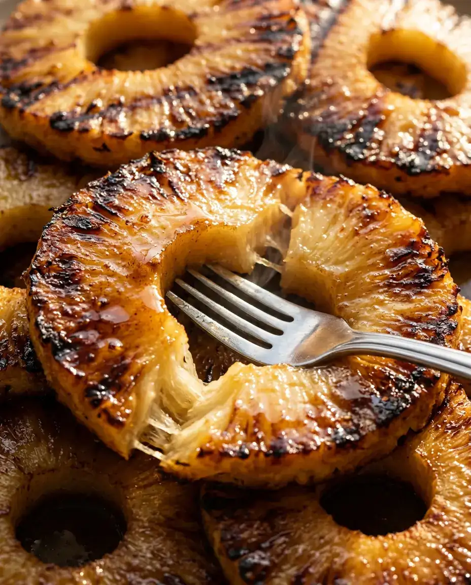 Fork pressing into a cut grilled pineapple ring showing caramelized exterior and tender glazed interior