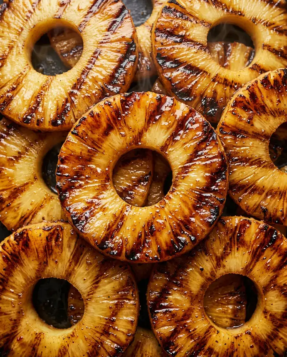 Overhead close-up of caramelized grilled pineapple rings with honey-cinnamon glaze and dark grill marks