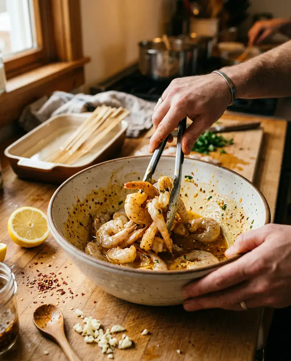 Grilled Shrimp Skewers With Garlic Butter (Easy) Hands tossing raw shrimp in garlic butter marinade in a mixing bowl for grilled shrimp skewers