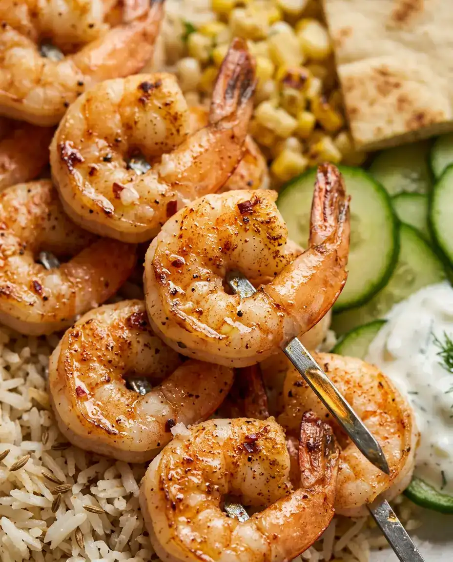 Grilled Shrimp Skewers With Garlic Butter (Easy) Close-up of smoky grilled shrimp skewers with caramelized char, pooling butter, and lemon droplets