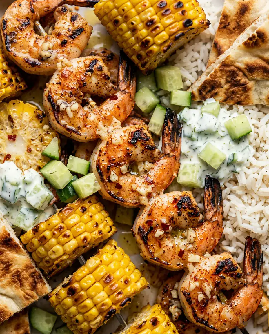 Grilled Shrimp Skewers With Garlic Butter (Easy) Overhead close-up of garlic butter grilled shrimp skewers with char marks, smoked paprika, and lemon juice