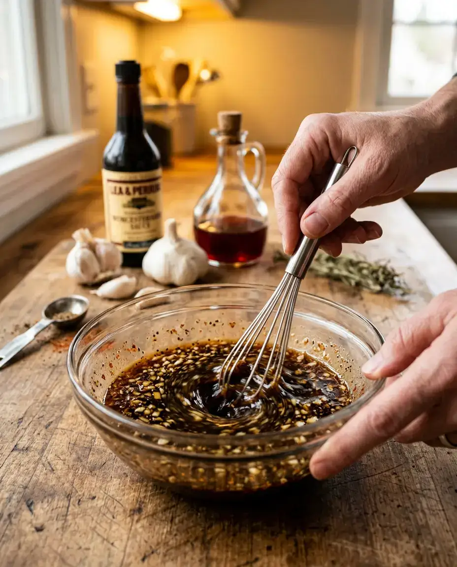 Grilled Steak Marinade With Soy and Garlic (Easy) Hands whisking a dark glossy grilled steak marinade with garlic and spices in a glass bowl on a wooden counter