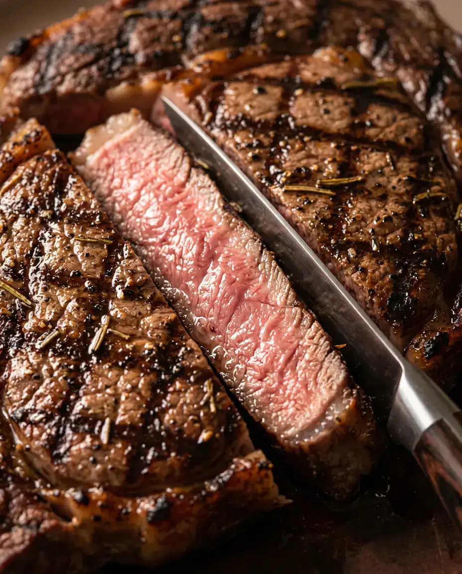 Grilled Steak Marinade With Soy and Garlic (Easy) Sliced grilled ribeye showing medium-rare interior with caramelized grilled steak marinade crust and grill marks