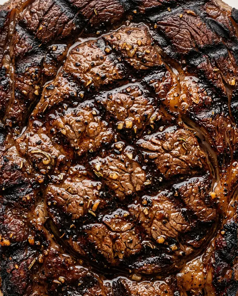 Grilled Steak Marinade With Soy and Garlic (Easy) Overhead close-up of a charred ribeye coated in grilled steak marinade with grill marks and cracked pepper
