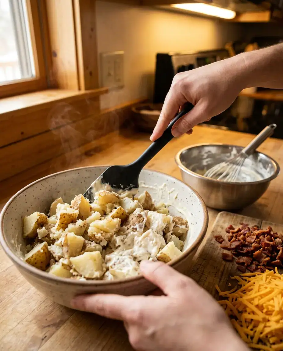 Folding warm potato cubes into creamy dressing to make loaded baked potato salad with bacon and cheddar.