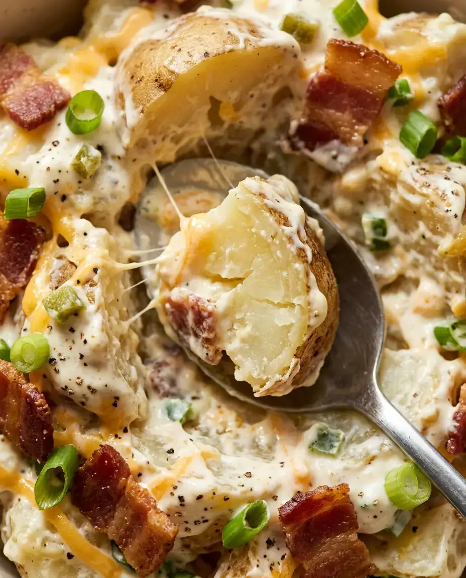Spoon scooping loaded baked potato salad showing creamy dressing, melted cheddar, bacon, and green onions.