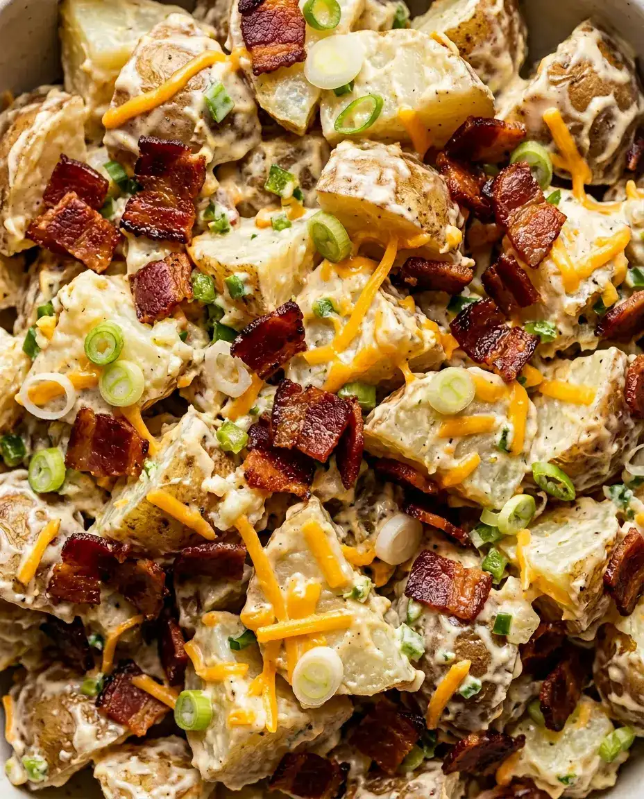 Close-up of loaded baked potato salad with crispy bacon, melted cheddar cheese, and sliced green onions.