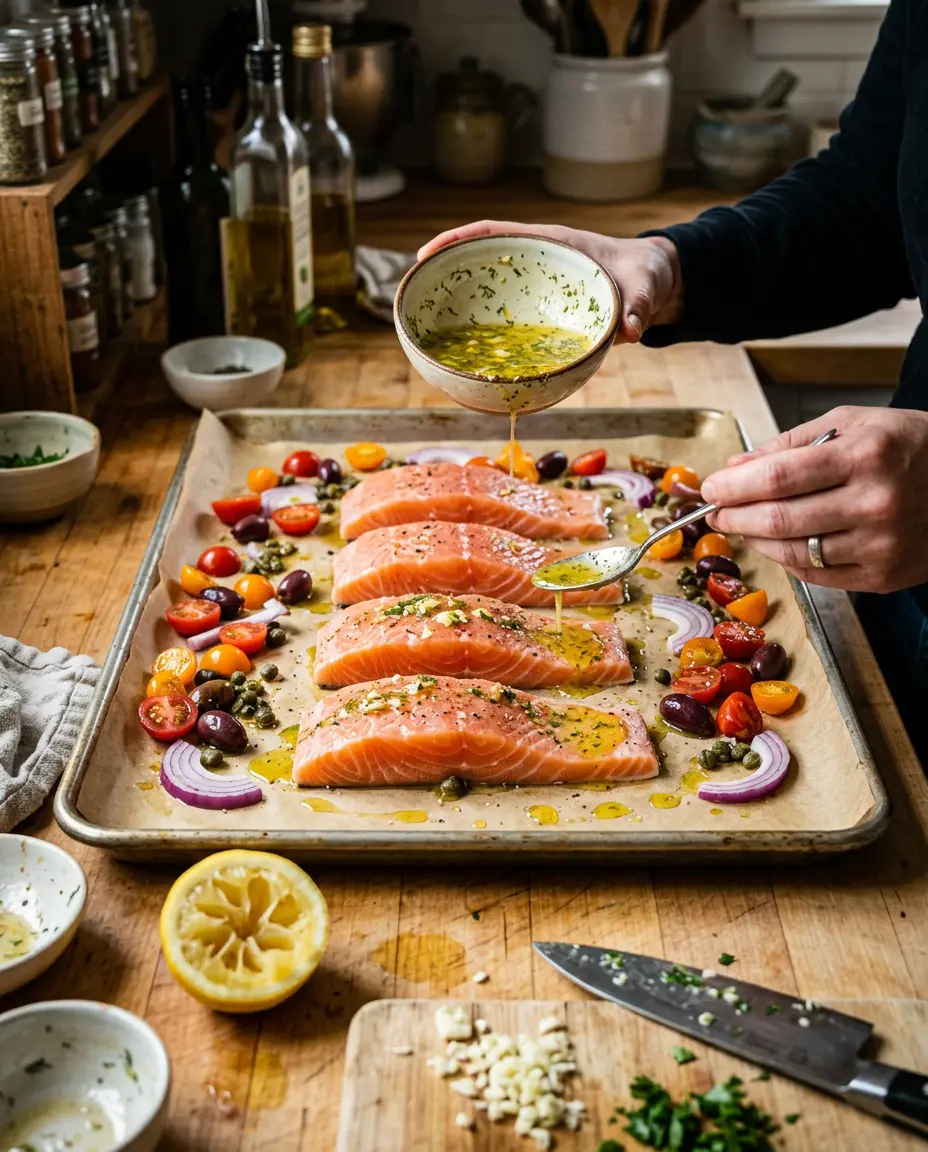 Mediterranean Baked Salmon With Lemon and Garlic (Easy) Hand spooning lemon-garlic marinade over raw salmon fillets on a sheet pan with tomatoes, olives, and capers