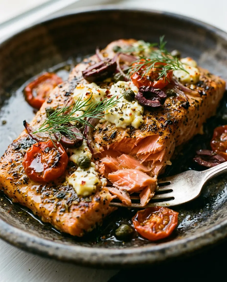 Mediterranean Baked Salmon With Lemon and Garlic (Easy) Close-up of a fork flaking open Mediterranean baked salmon with melted feta, tomatoes, olives, and dill
